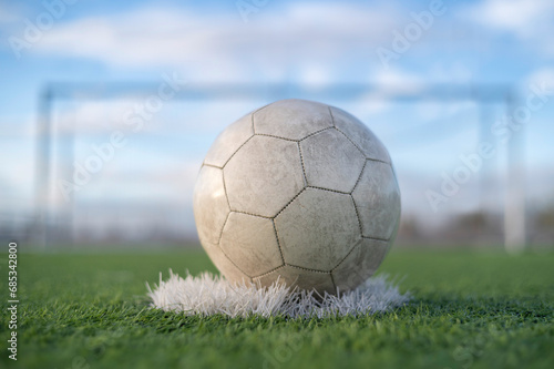 White soccer ball lying on the grass at football pitch © Dziurek