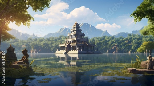 A serene lakeside temple with a Ganesh shrine, surrounded by placid waters, reflecting the sky's soothing hues.