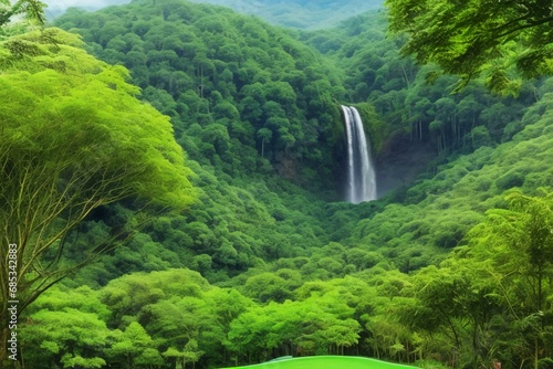 Beautiful waterfall deep in a forest amongst lush green trees and vegetation  photo