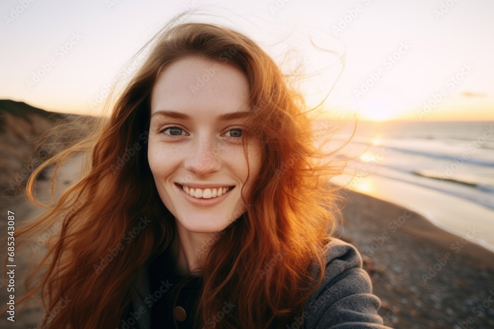Selfie of a happy girl enjoying a walk on the beach