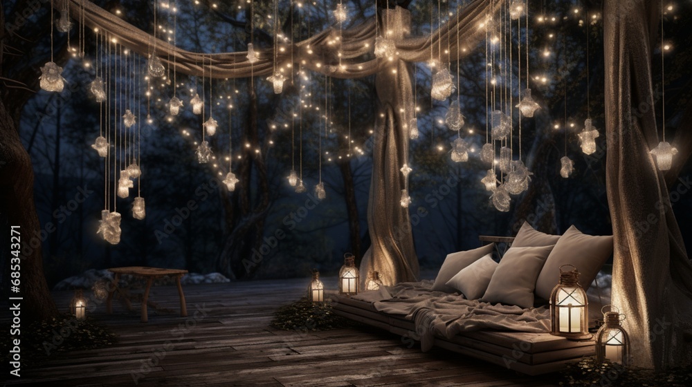 A serene outdoor setting with New Year's decorations hanging from the trees, creating a dreamy atmosphere under the stars.
