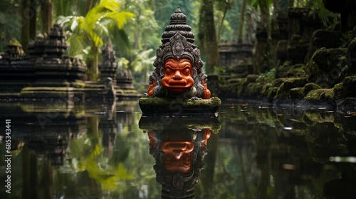 A serene reflection of Hanuman's idol in a tranquil temple pond.