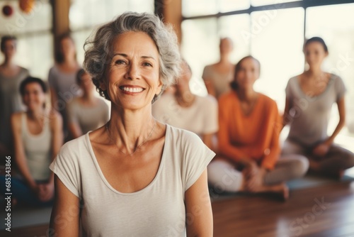 Portrait of a smiling senior woman at yoga class