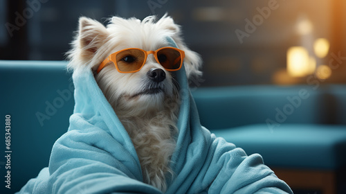 Funny dog photograpy cute spa Day laying bed relax beauty mask photo