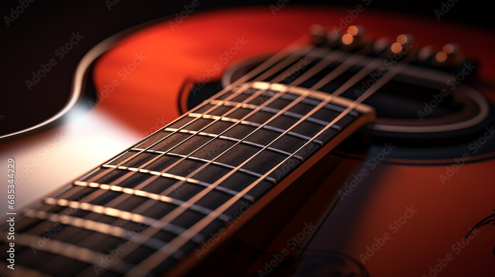 Fototapeta premium Classical guitar close up, dramatically lit on a black background with copy space