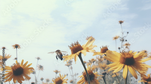 Bee and flower. Close up of a large striped bee collects honey on a flower on a Sunny bright day. Summer and spring backgrounds photo