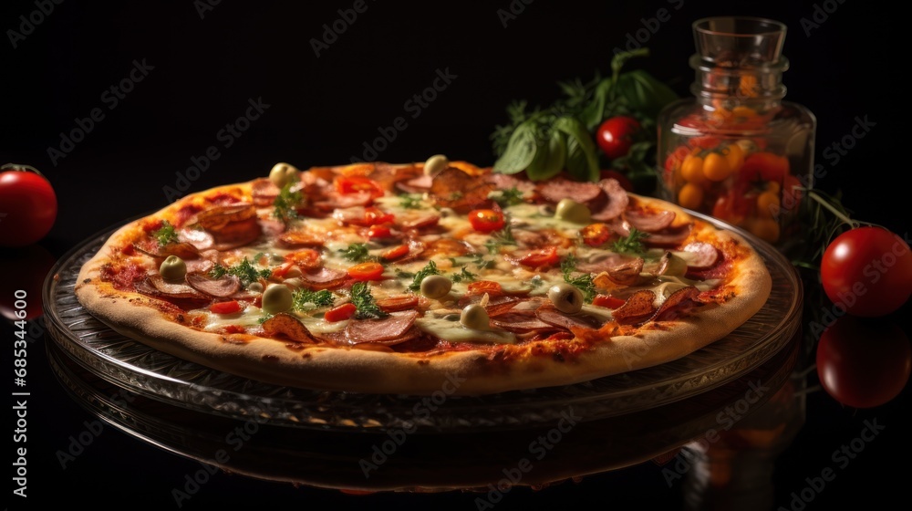  a pizza sitting on top of a metal pan covered in toppings next to tomatoes and a jar of olives.