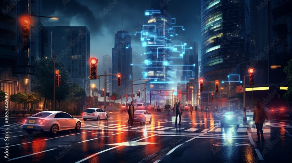 A smart city's traffic lights adjusting in real-time to optimize the flow of vehicles.