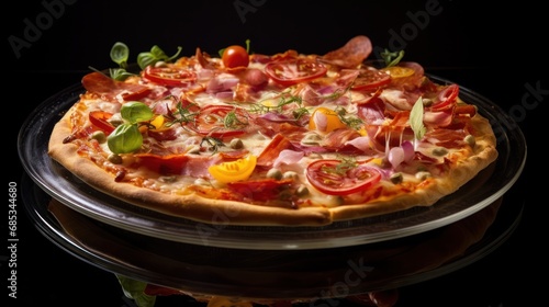  a pizza topped with lots of toppings on top of a glass plate on top of a black counter top.