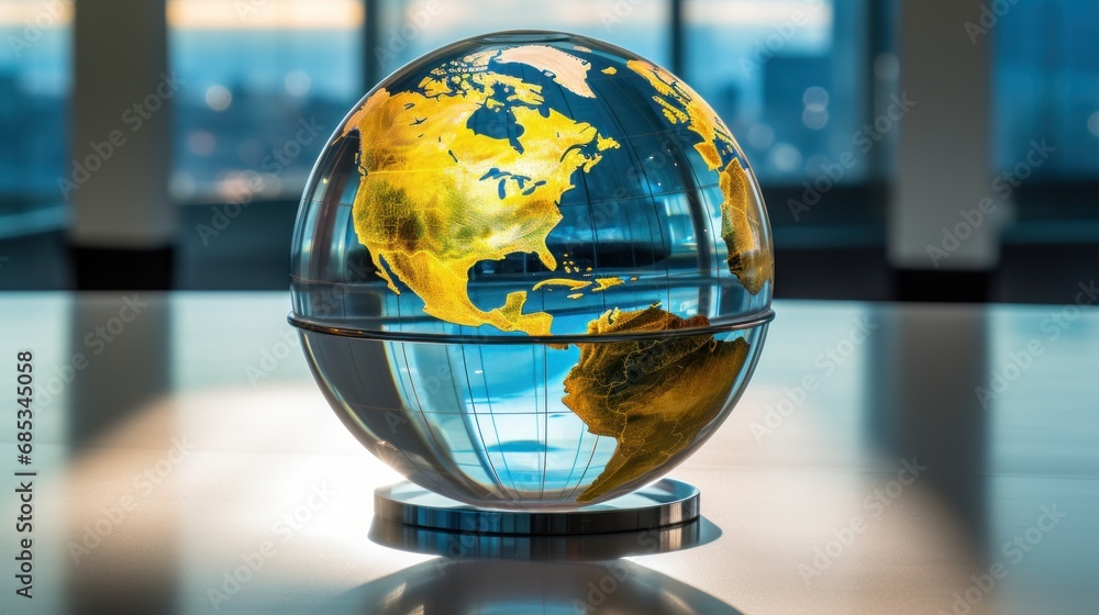 a glass globe sits on a table in front of a window with a view of the earth in the center. a glass globe sits on a table in front of a window with a view of the earth in the center.