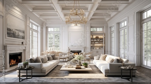 A spacious living room with an elegant coffered ceiling featuring intricate molding and concealed lighting.