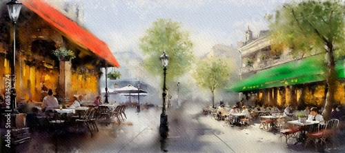 Watercolor paintings landscape, cafe in the city