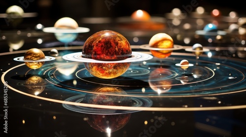  a group of planets sitting on top of a black table next to a circle of rings and circles of glass.