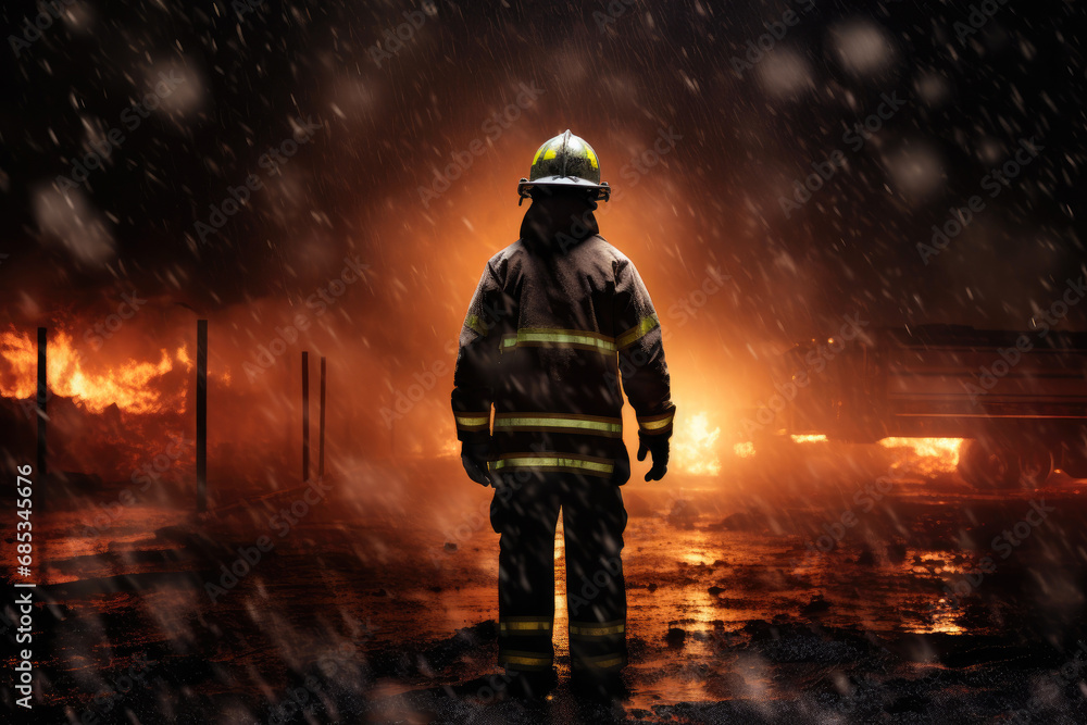 Heroic Firefighter Confronting Nocturnal Inferno with Protective Sheet Heroic Firefighter Confronting Nocturnal Inferno with Protective Sheet