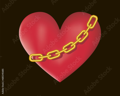 A heart chained by a golden chain. 3d, vector image.