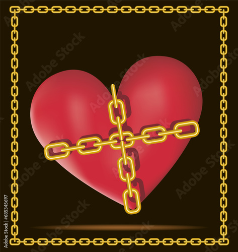 A heart chained by a golden chain. 3d, vector image.