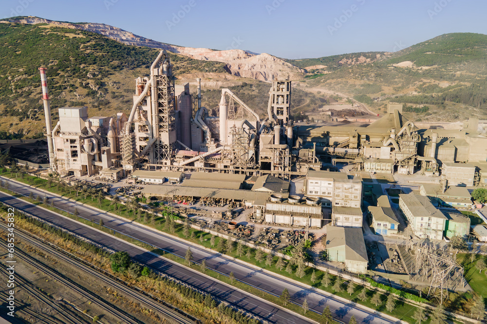 Cement factory or cement industry manufacturing, aerial view