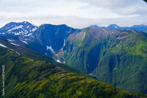 Aerial view of the snow-capped mountain summits east of Juneau, Alaska