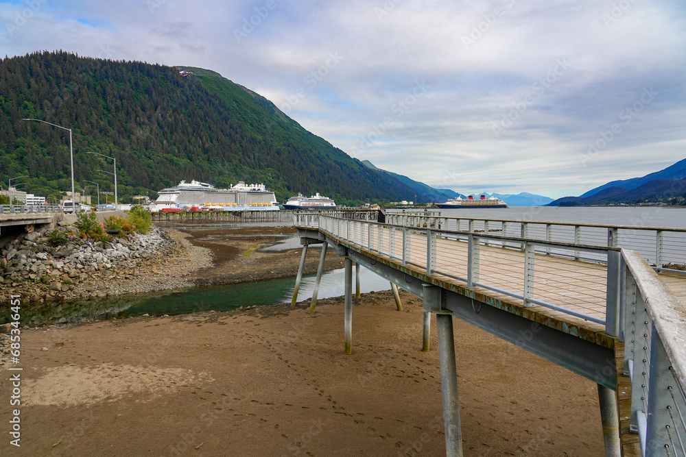 Juneau Seawalk along the Gastineau Channel - Elevated boardwalk on stilts at low tide in Alaska's capital city on the coast of the Pacific Ocean