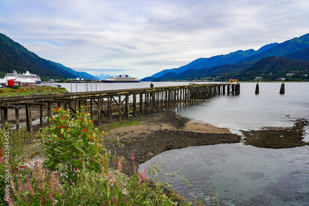 Abandoned wooden pier in the Gastineau Channel in front of Juneau's cruise port in Alaska, USA