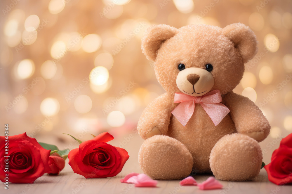 Serene Champagne Teddy Bear and Red Rose