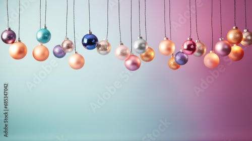  a bunch of different colored ornaments hanging from a line on a blue, pink, purple, and green background.