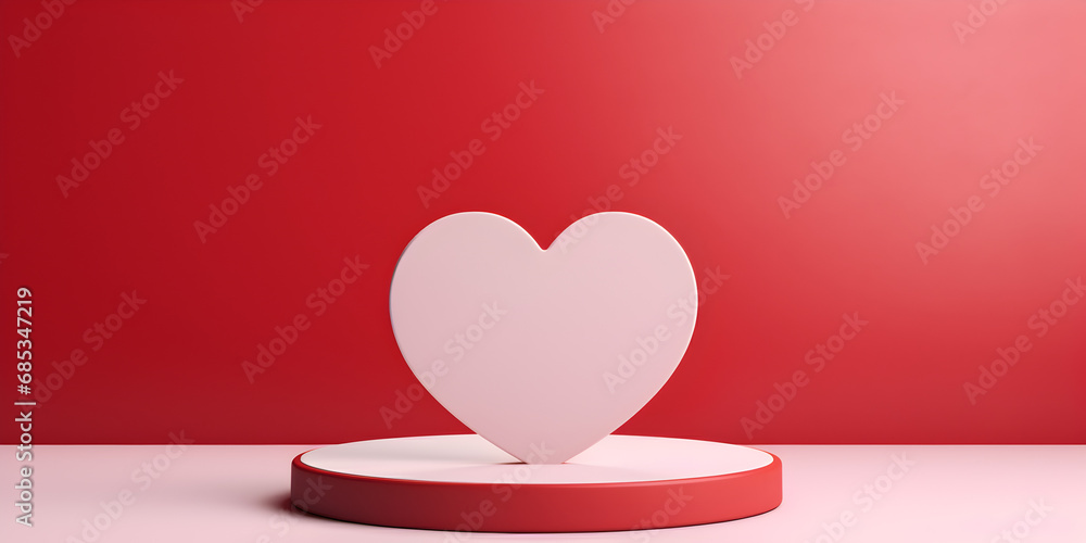 Round mock up podium podest on red background with hearts decoration, product presentation concept Round mock up podium podest on red background with hearts decoration, product presentation concept