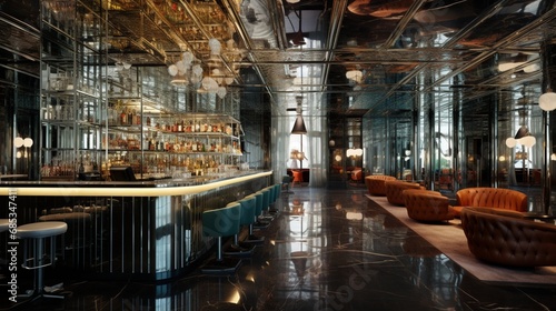 A stylish bar with a mirrored ceiling and reflective surfaces that create an illusion of space.