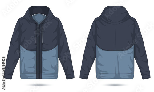 Casual zipper hoodie jacket template front and back view. Vector illustration