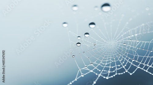  a close up of a spider web with drops of water on the spider's web, with a blue sky in the background.