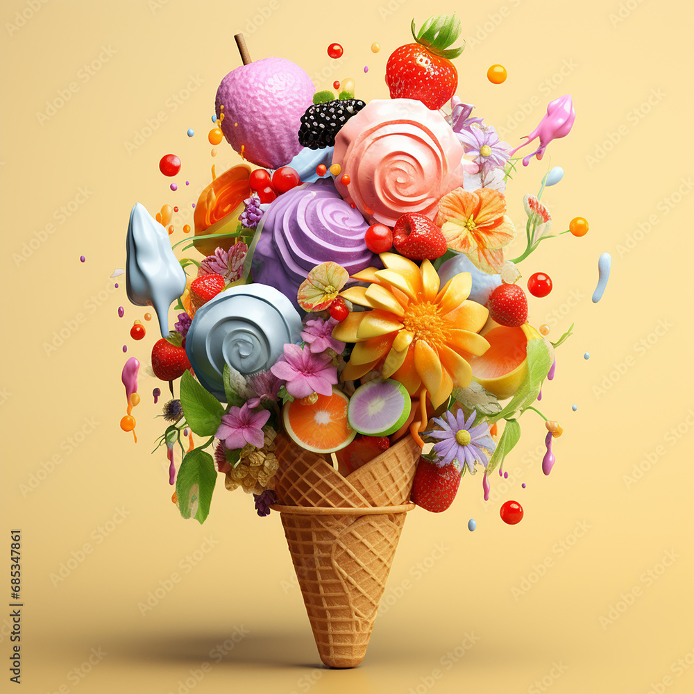 icecream cone with fruits made with generative AI icecream cone with fruits made with generative AI