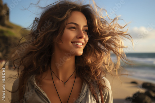 Portrait of sensual young brunette woman with long brown curly hair wearing in boho style walking on the beach. Copy space © Silga