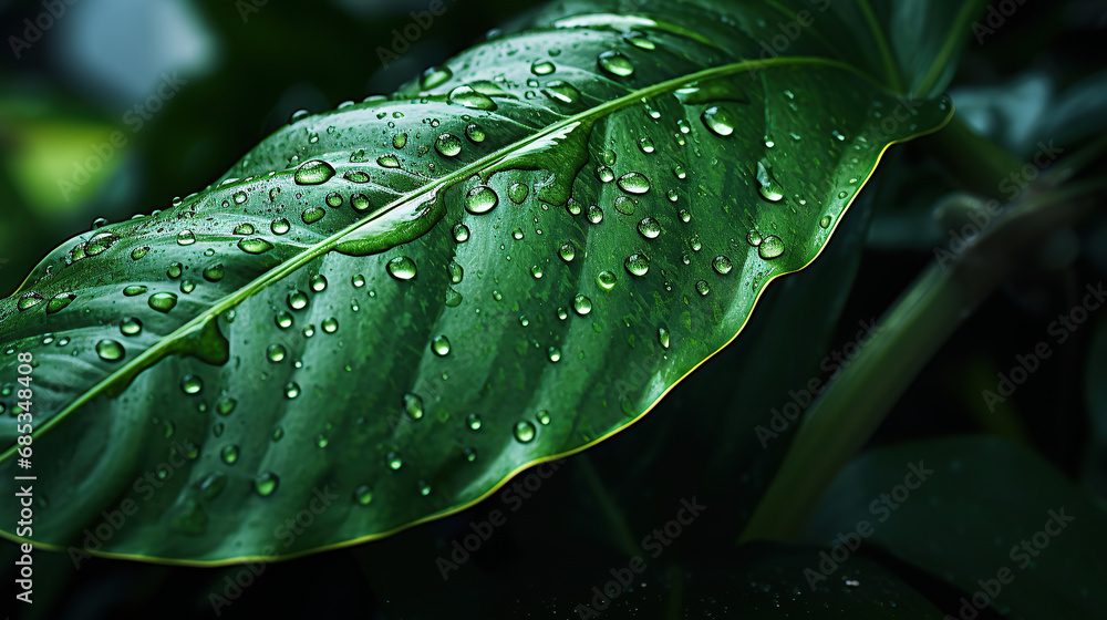 Close up pictre of water drops on a on a green leaf. Close up pictre of water drops on a on a green leaf.