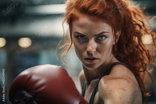 portrait of a redhair woman with boxing gloves photo
