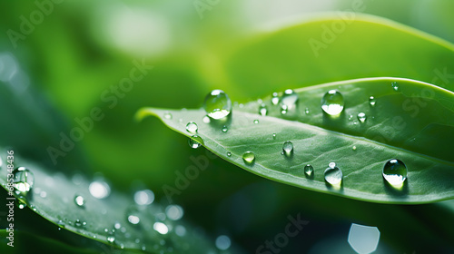 Close up pictre of water drops on a on a green leaf.