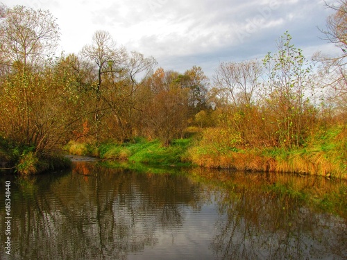 Beautiful colorful shores of a natural lake in autumn