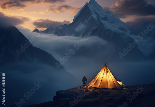 View of tent camping landscape with mountains. Sunrise. amazing landscape of mountains. photo