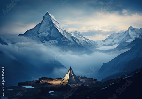 View of tent camping landscape with mountains. Sunrise. amazing landscape of mountains. © Koray