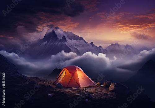View of tent camping landscape with mountains. Sunrise. amazing landscape of mountains.