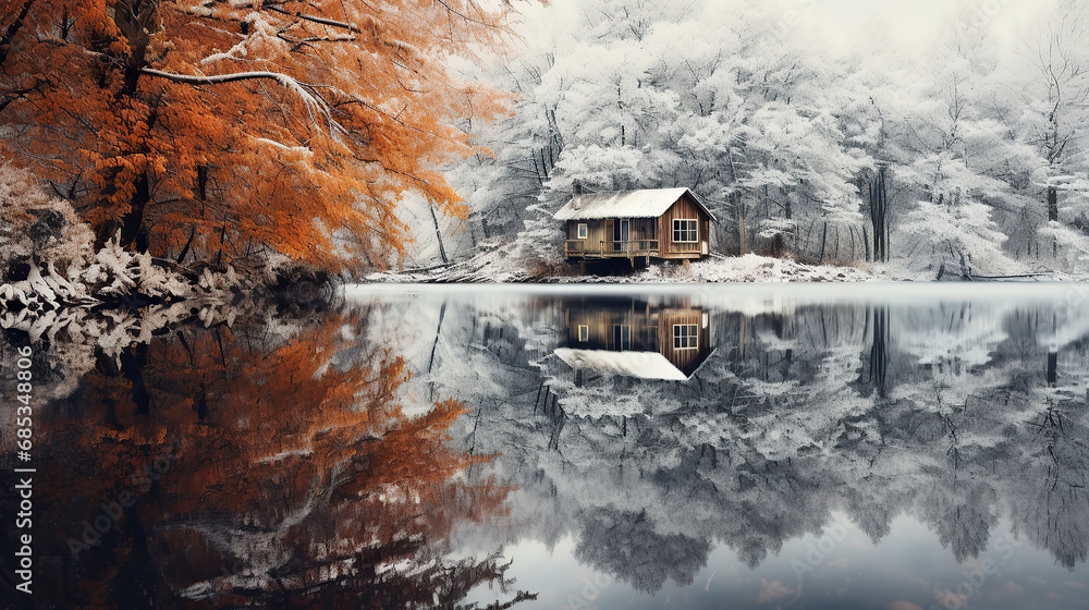 Scenery view of a lake house in autumn with first snow. Amazing fall colours. foggy morning Scenery view of a lake house in autumn with first snow. Amazing fall colours. foggy morning