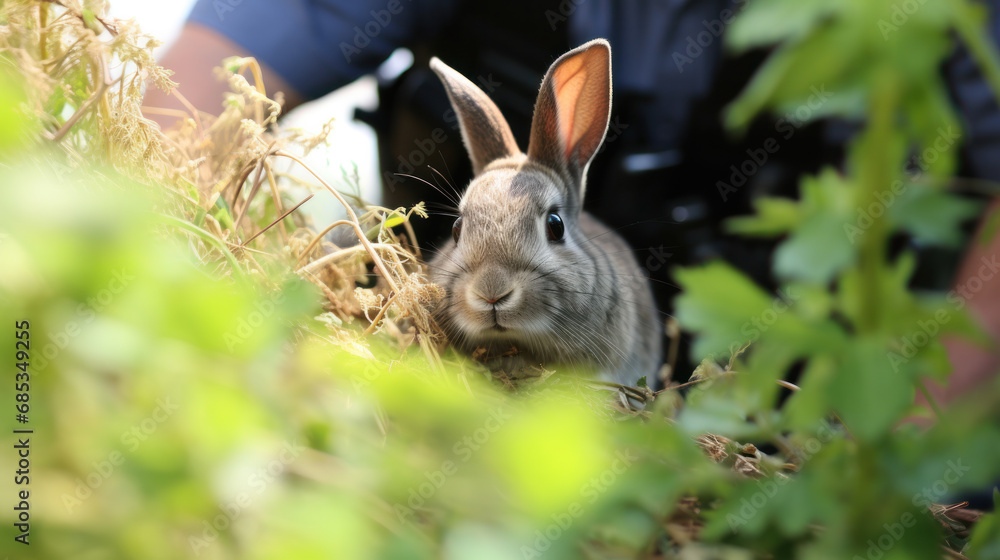 Obraz premium Cute fluffy rabbit on green grass outdoors