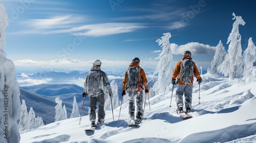 A group of climbers, in full equipment, standing on the top of a snow-capped mountain. Concept: Skiing, family vacation in snow-capped mountains, winter resort on an alpine slope, recreational ski ori © Marynkka_muis