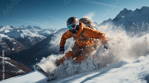Snowboarders energetically descending the slope, kicking up swirls of snow on a clear sunny day. Concept: Skiing, family vacation in snow-capped mountains, winter resort on an alpine slope