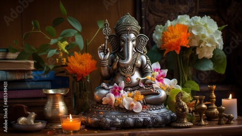 A traditional Indian home altar, featuring a stunning silver Ganesh idol, adorned with fresh flowers and incense.