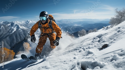 A group of climbers, in full equipment, standing on the top of a snow-capped mountain. Concept: Skiing, family vacation in snow-capped mountains, winter resort on an alpine slope, recreational ski ori