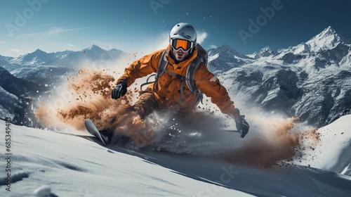 Snowboarders energetically descending the slope, kicking up swirls of snow on a clear sunny day. Concept: Skiing, family vacation in snow-capped mountains, winter resort on an alpine slope © PRO Neuro architect