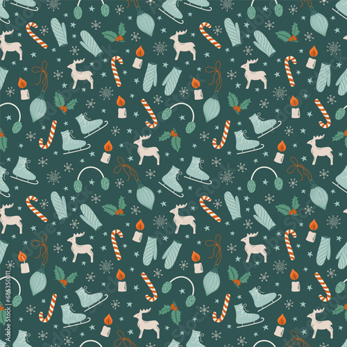 Retro style Christmas background with cozy objects. Seamless pattern with cute Winter elements on dark green backdrop. Hand drawn vector illustration. 