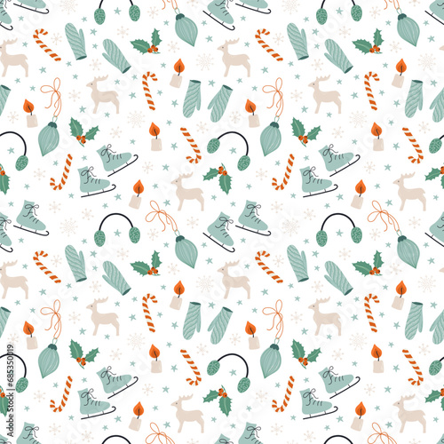 Retro style Christmas background with cozy objects. Seamless pattern with cute Winter elements. Hand drawn vector illustration. 