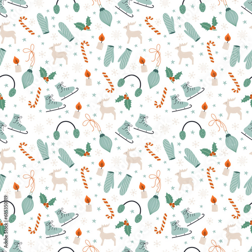 Retro style Christmas background with cozy objects. Seamless pattern with cute Winter elements. Hand drawn vector illustration.
