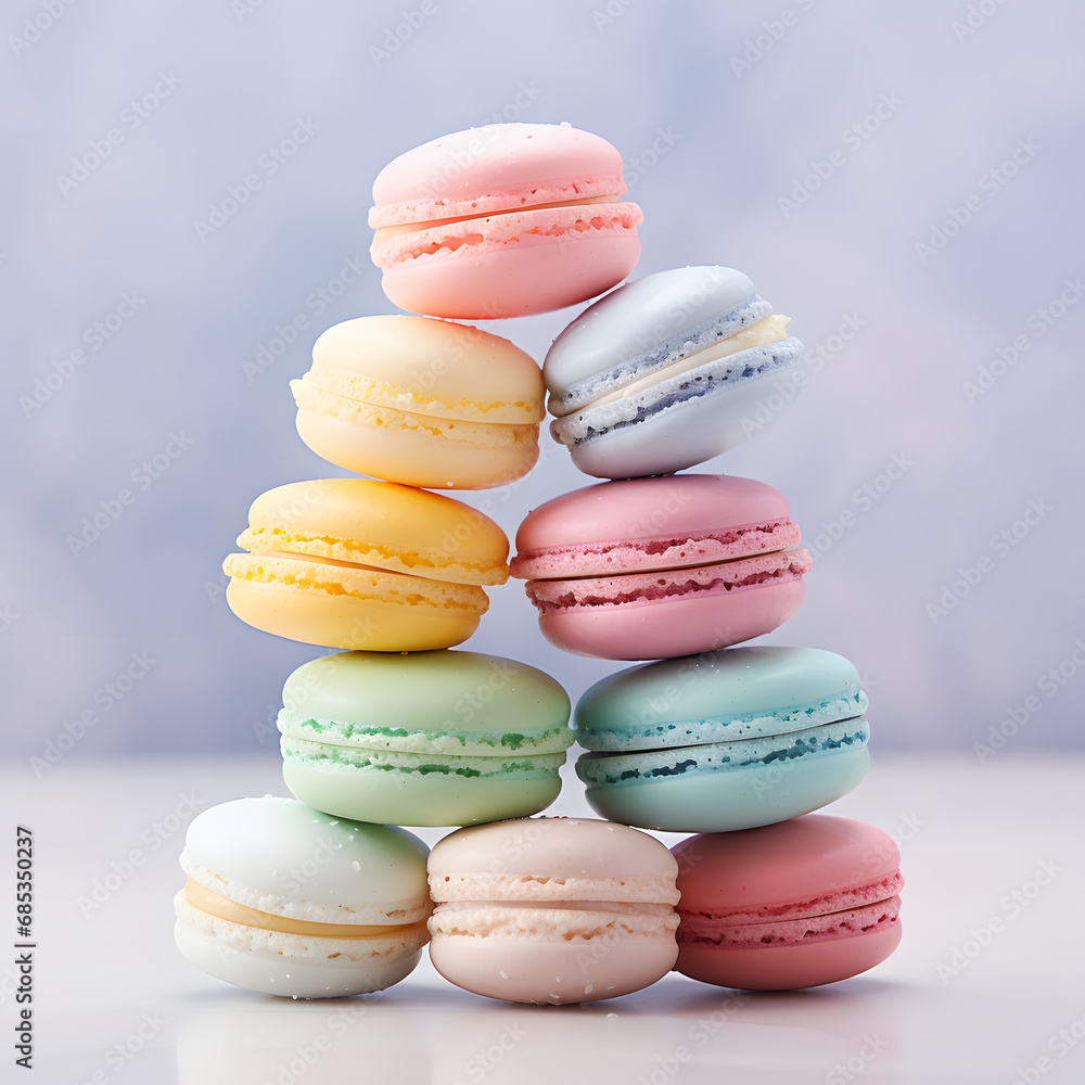 Macaroons close-up. A pyramid of cakes. A pile of cookies. Delicate pink and blue colors, delicious dessert. Macaroons close-up. A pyramid of cakes. A pile of cookies. Delicate pink and blue colors, delicious dessert.